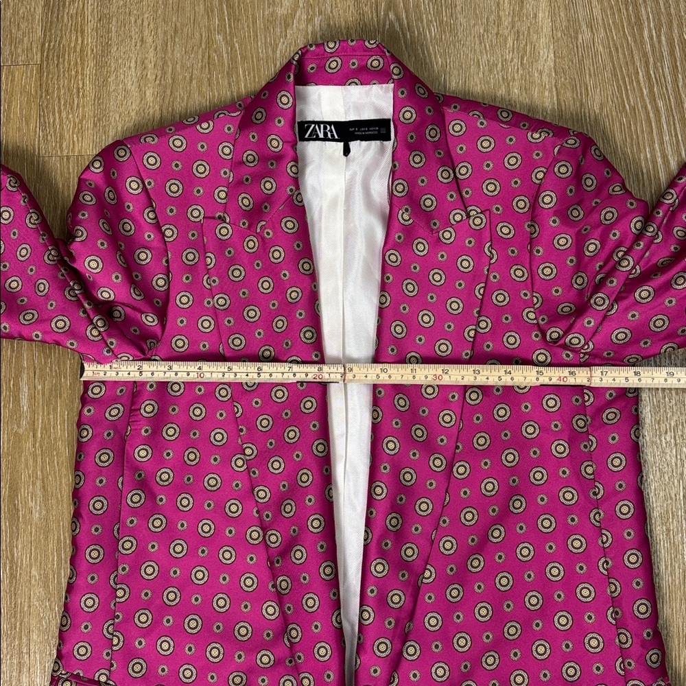 Zara Satin Effect Printed Open Front Blazer Jacket Pink Teal Blue size Small - Picture 13 of 14